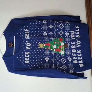 Holiday Sweater Blue  DECK  YO' SELF  BEFORE YOU WRECK YO' SELF Size Medium